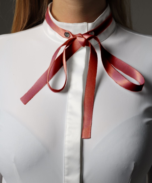 red self-tie bowtie and white competition shirt
