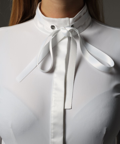 white self-tie bowtie and white competition shirt